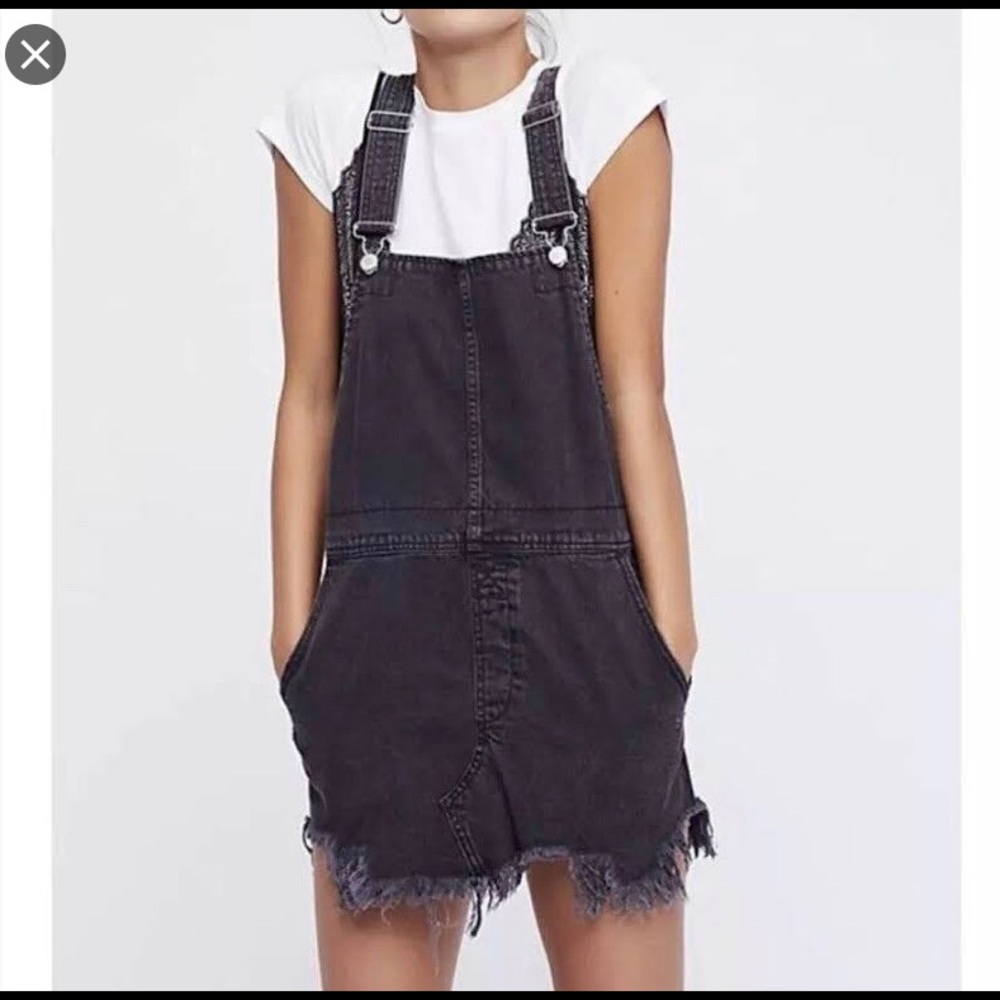 Free People Distressed Black Denim Overall Dress